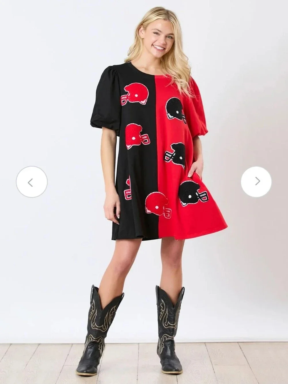 Peach Love Colorblock Red Black Puff Short Sleeve Football Helmet Mini Dress - Picture 1 of 11